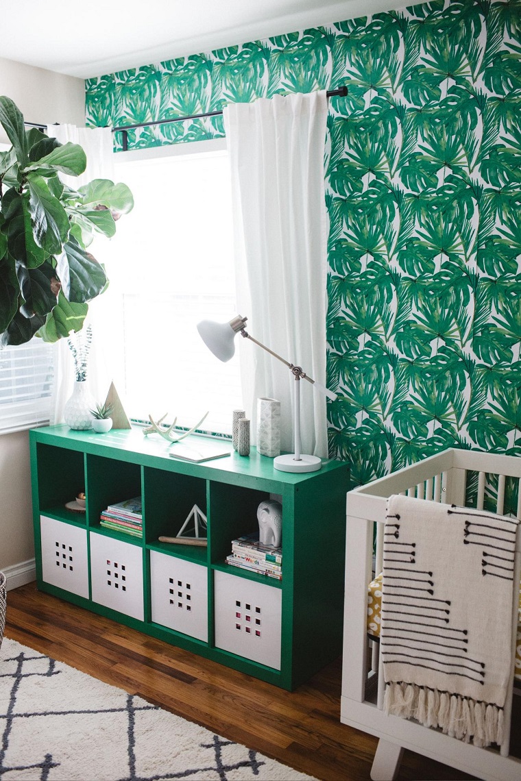 chambre de bébé décor style-plantes-papier-mur