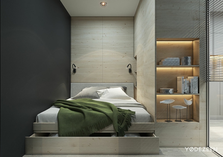 chambre à coucher avec murs en bois